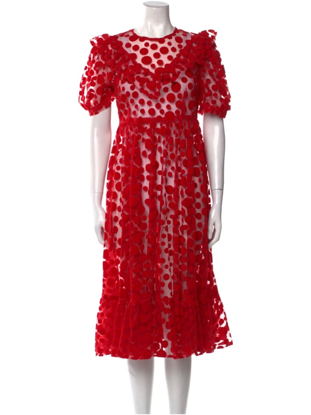 BATSHEVA Red Polka Dot Sheer Ruffled Midi Dress